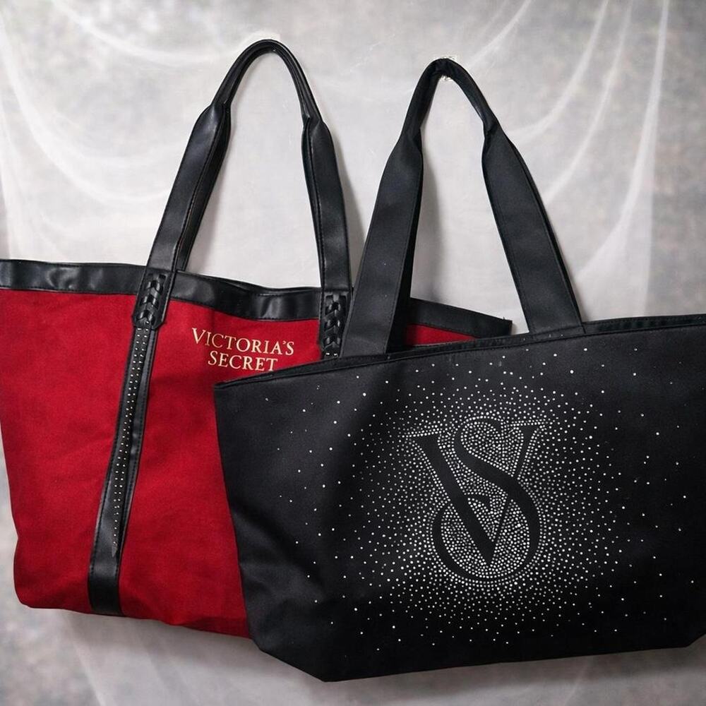 Victoria's Secret red and black bedazzled canvas tote bag bundle